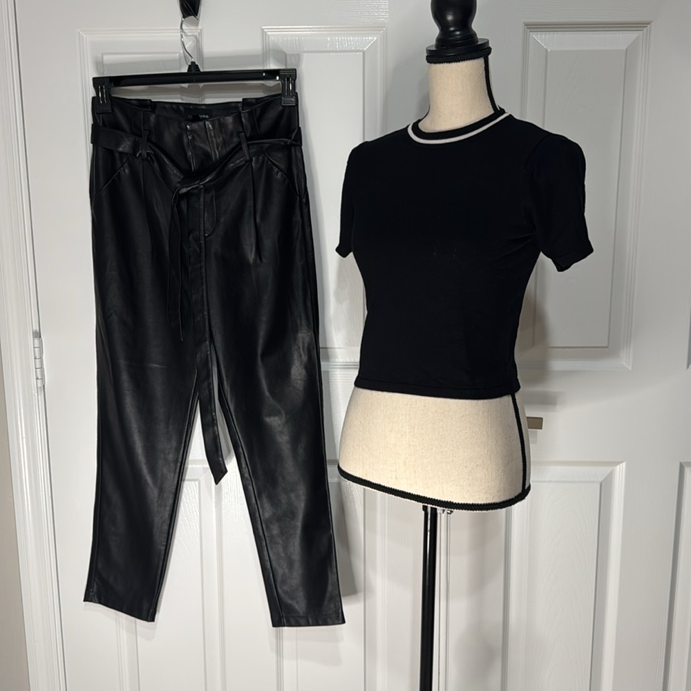Pants and top. Women's Black Faux Vegan Leather Tie Waist Pants Size Small